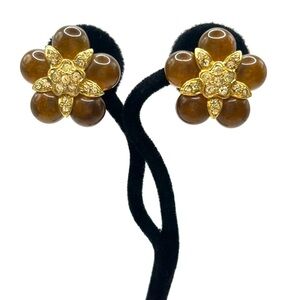 Lucite Brown Floral and Gold Spherical with Rhinestones Vintage Clip on Earrings